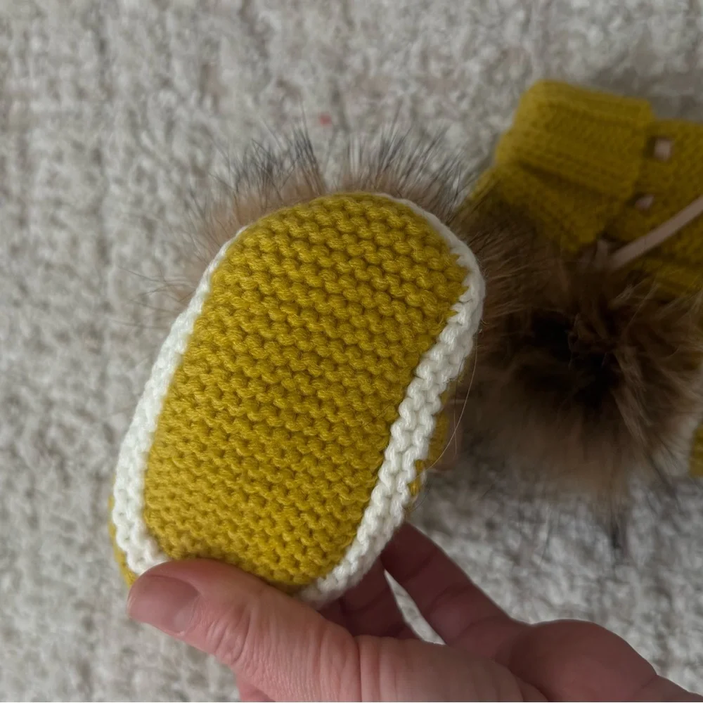 Cozy Mustard Knit Baby Booties with real Fur Pom